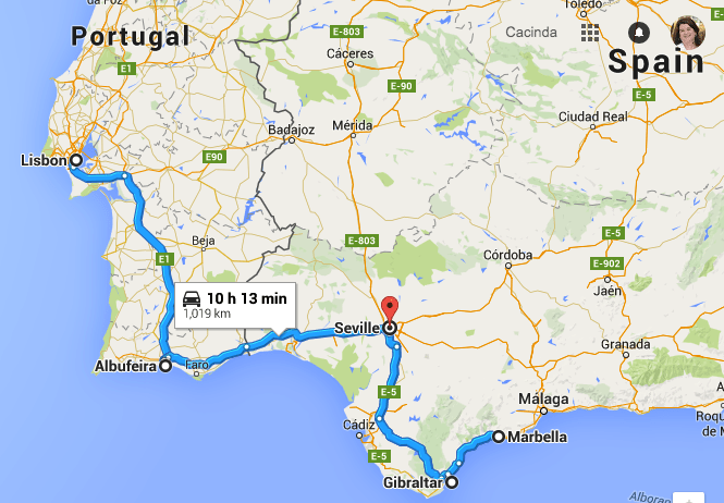Map Lisbon to Seville to Rock of Gibraltar