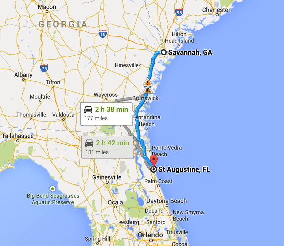 Map - Savannah GA to St Augustine FL
