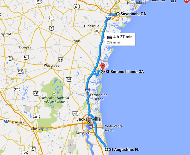 Map - Savannah GA to St Augustine FL