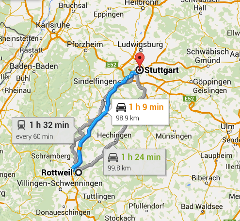 Germany Map - Stuttgart to Rottweil