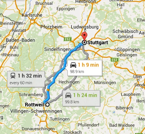 Germany Map - Stuttgart to Rottweil