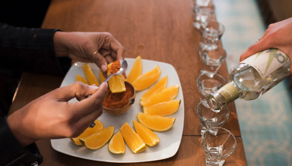 Oaxacan, mezcal, agave plant, maguey plant, mescal with chile and orange slices