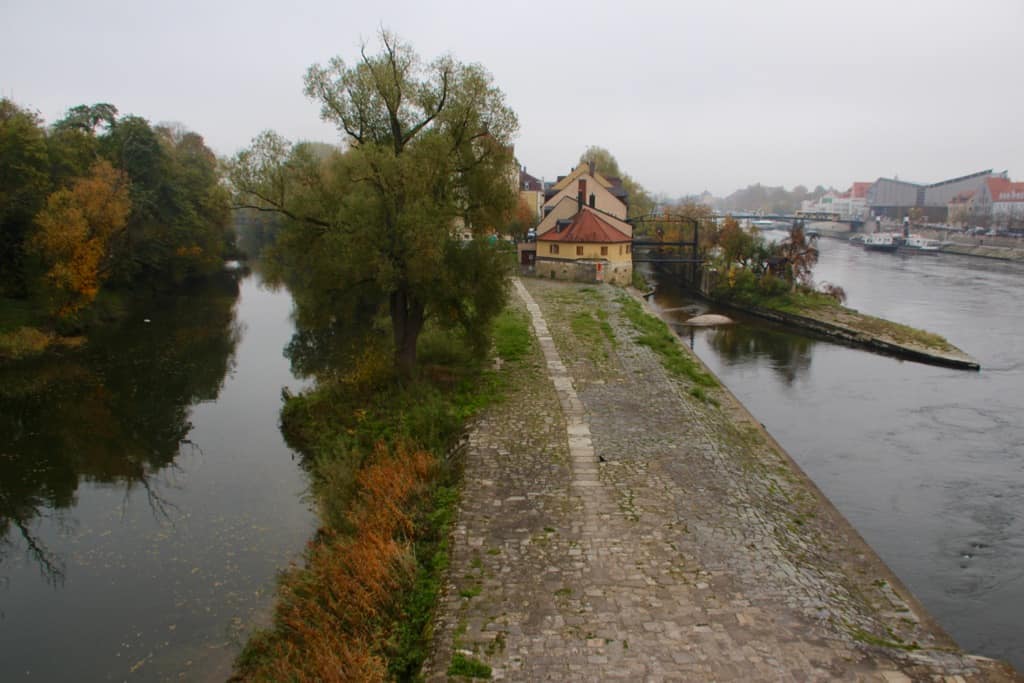 there are several islands in the Danube River in Regensburg making it a picturesque town in south Germany