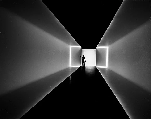 Black and White of person inside the Museum of Fine art