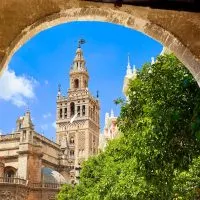 Seville cathedral Giralda tower from Alcazar