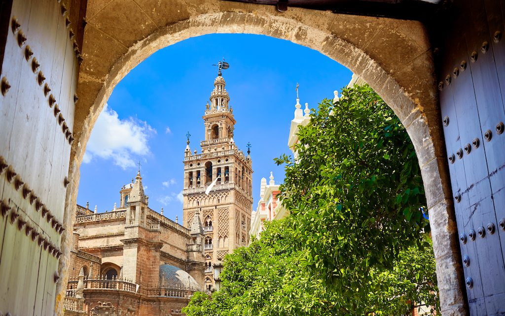 Seville cathedral Giralda tower from Alcazar