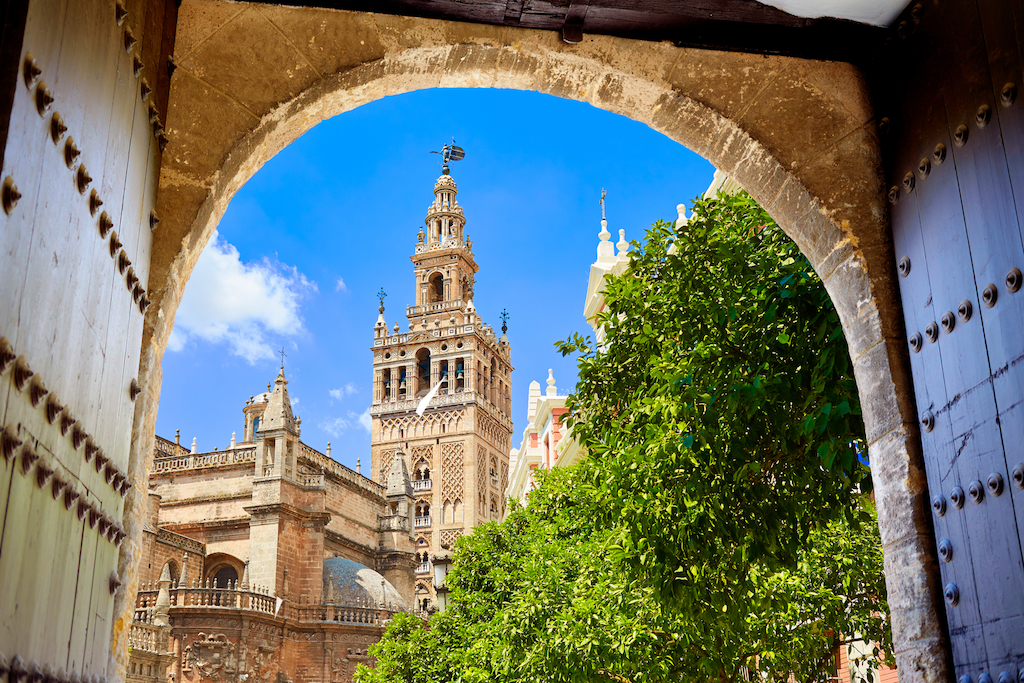 Seville cathedral Giralda tower from Alcazar