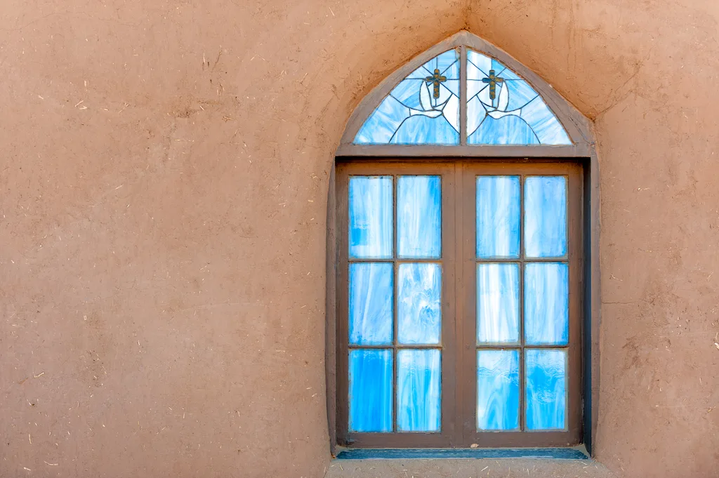 Famous Taos Pueblo blue church in New Mexico, USA