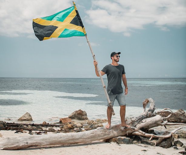 Jamaica Flag on beach, winter in Jamaica