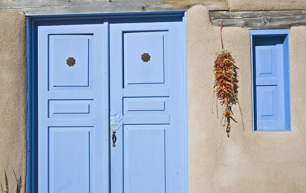 New Mexican styled front door and window, where to stay in Taos