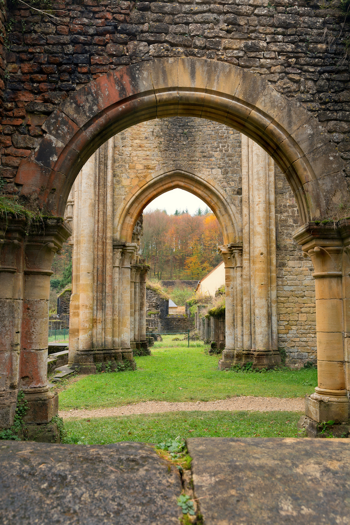 Autumn view on the ancient ruins of the famous 18th century Orval Abbey