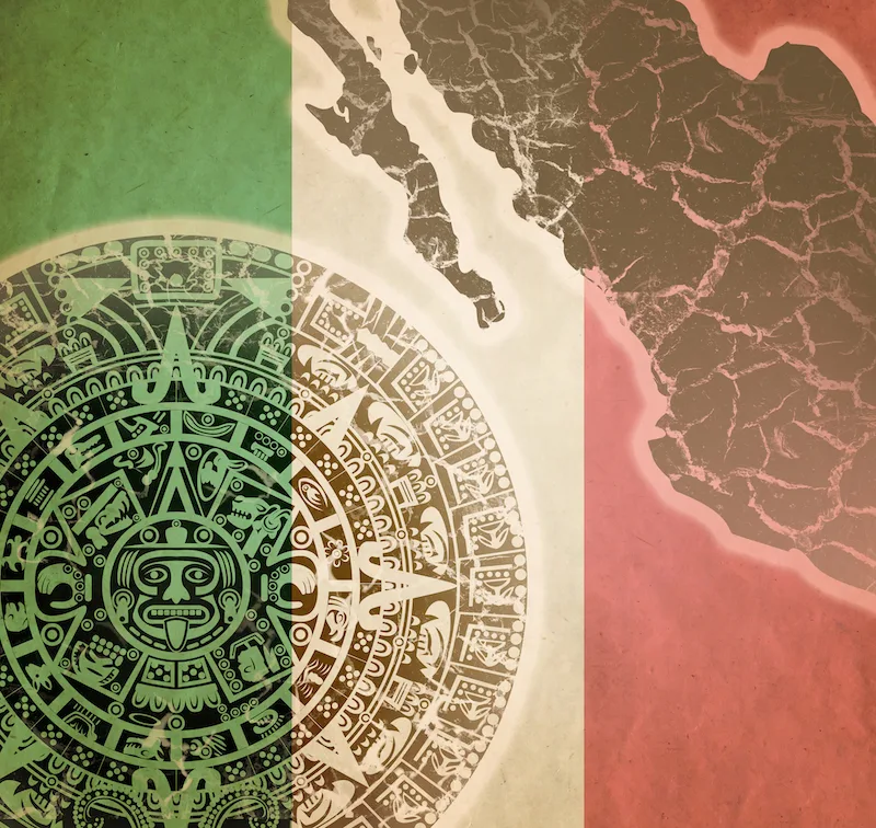 Background with Mayan calendar, things that represent mexico