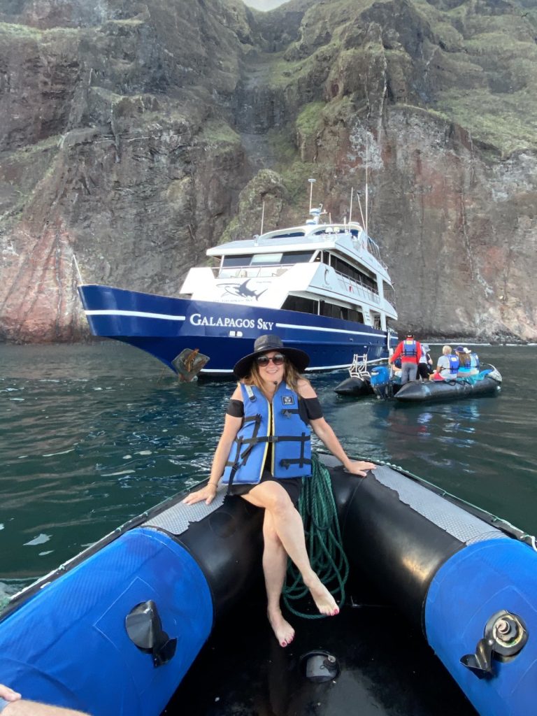 me in the small dingy, best way to get to galapagos islands