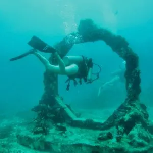 Scuba diver through a ring, best dive shop in key west