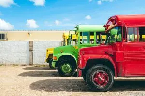 3 buses in yellow, green, and red. Aruba snorkeling