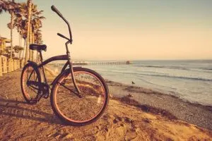 Yellow sunset with a black bike, aquariums in San Diego