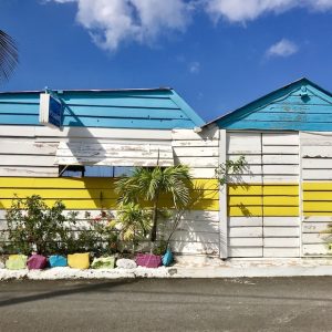 blue white and yellow stripe house, where to stay in guadeloupe island