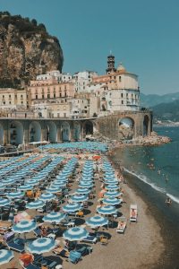 Amalfi Coast day trips form Rome,  blue and white umbrellas